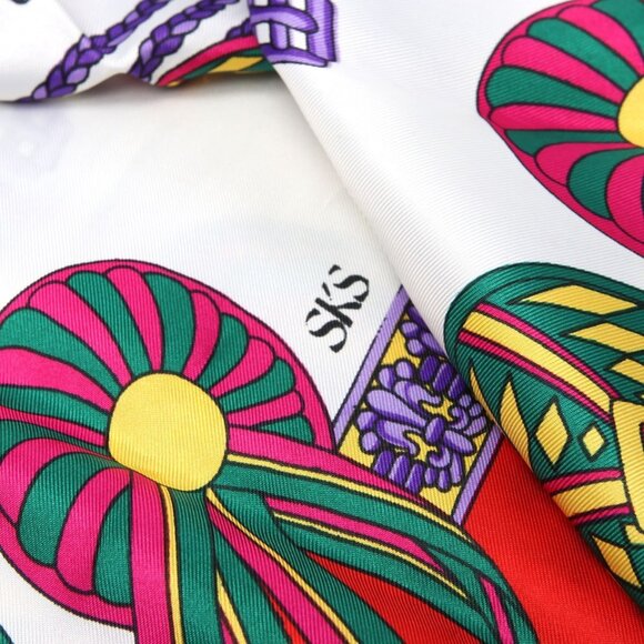 Vintage SKS Ribbon Print Satin Scarf Neck Hair Scarf 1980 Red Blue White Yellow - Picture 3 of 7